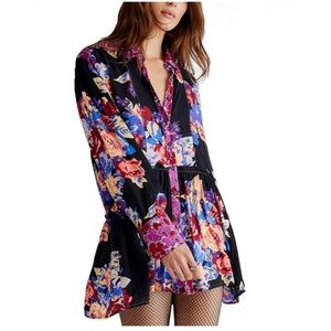 Free People Brunch A Bunch Tunic Dress Black Purple Pink Floral Print Size Small